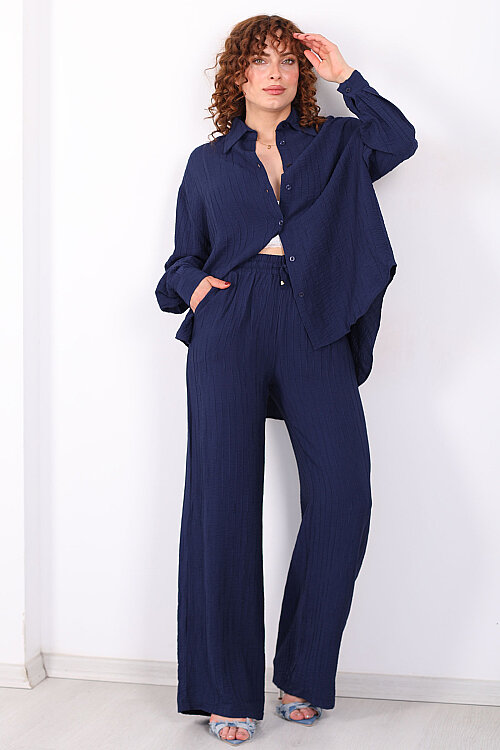 Beli Bağlamalı İnce Çizgili Kadın Lacivert Bol Paça Pantolon - Berox