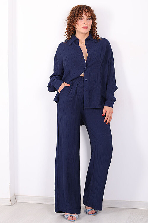 Beli Bağlamalı İnce Çizgili Kadın Lacivert Bol Paça Pantolon - 5