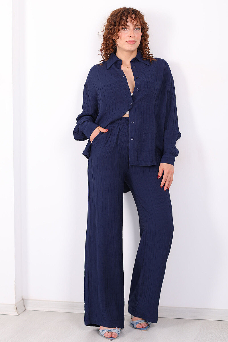 Beli Bağlamalı İnce Çizgili Kadın Lacivert Bol Paça Pantolon - 5