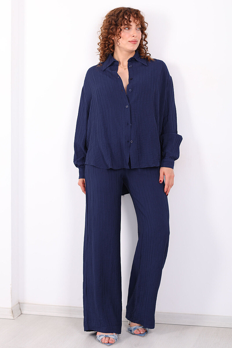 Beli Bağlamalı İnce Çizgili Kadın Lacivert Bol Paça Pantolon - 3