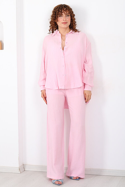 Beli Bağlamalı İnce Çizgili Kadın Pembe Bol Paça Pantolon - 5