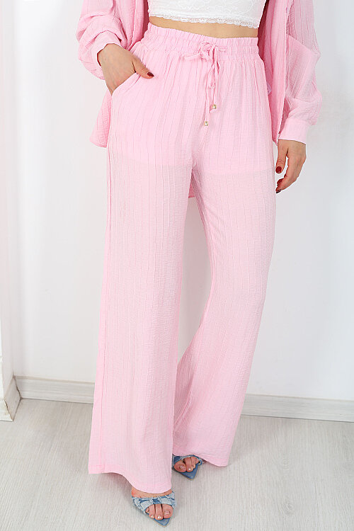 Beli Bağlamalı İnce Çizgili Kadın Pembe Bol Paça Pantolon - 2