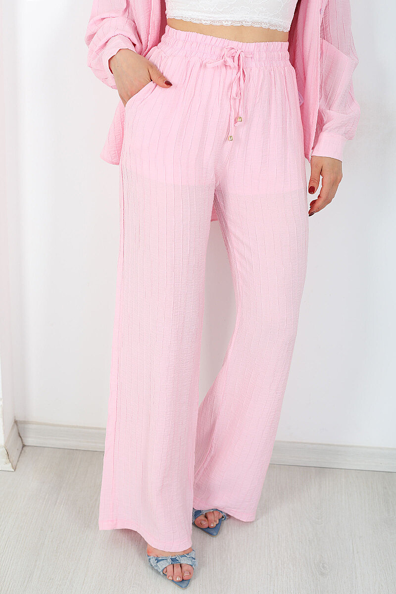 Beli Bağlamalı İnce Çizgili Kadın Pembe Bol Paça Pantolon - 2