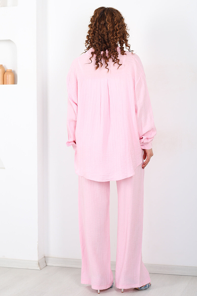 Beli Bağlamalı İnce Çizgili Kadın Pembe Bol Paça Pantolon - 4