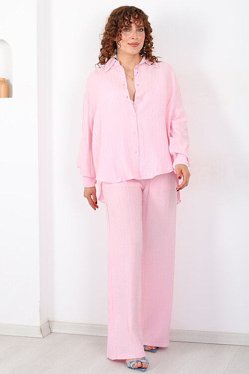 Beli Bağlamalı İnce Çizgili Kadın Pembe Bol Paça Pantolon - 3