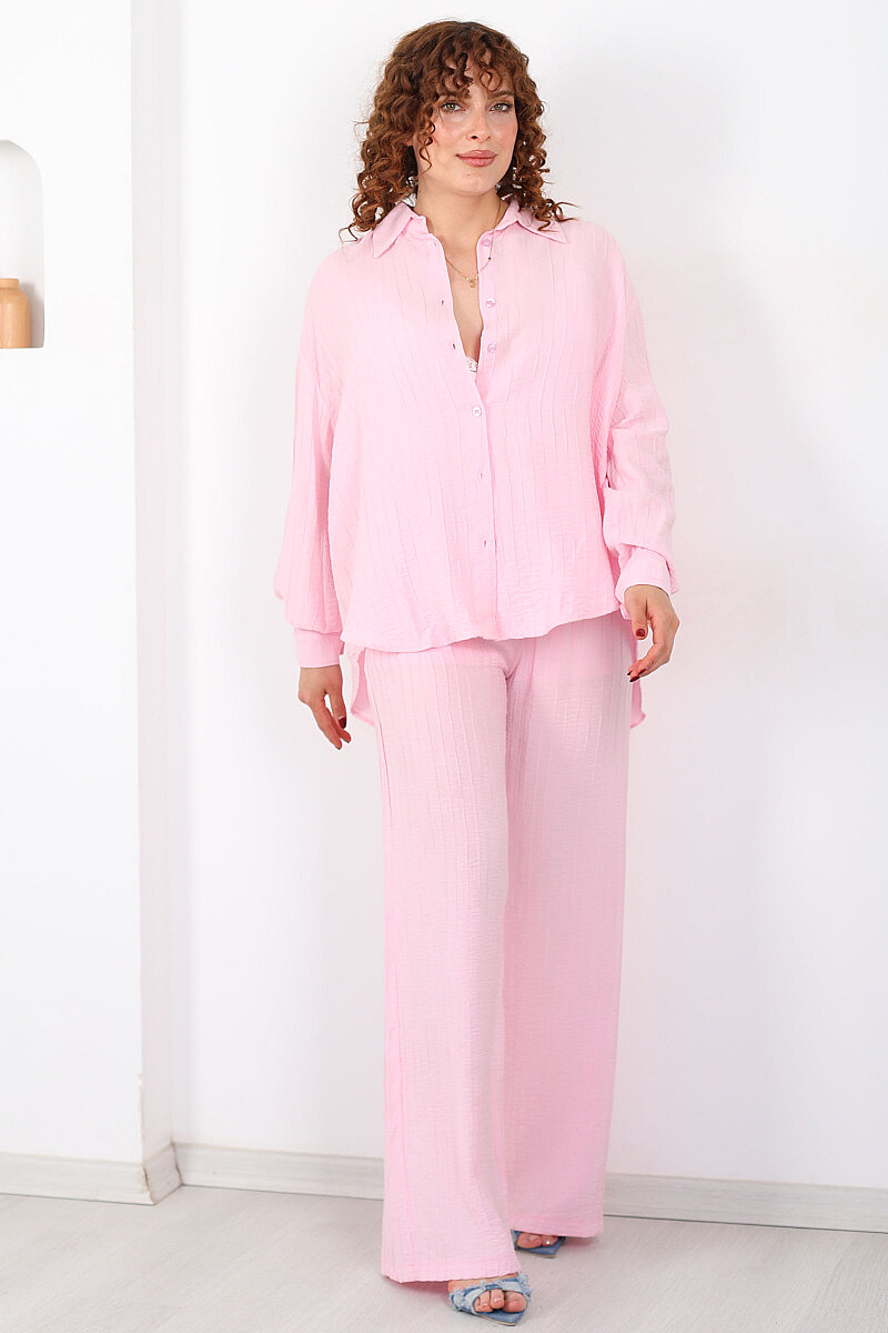 Beli Bağlamalı İnce Çizgili Kadın Pembe Bol Paça Pantolon - 3