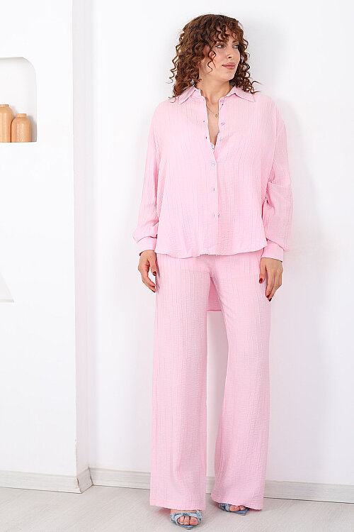 Beli Bağlamalı İnce Çizgili Kadın Pembe Bol Paça Pantolon 