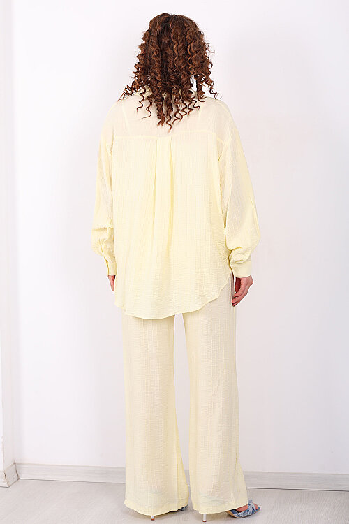 Beli Bağlamalı İnce Çizgili Kadın Sarı Bol Paça Pantolon - 4