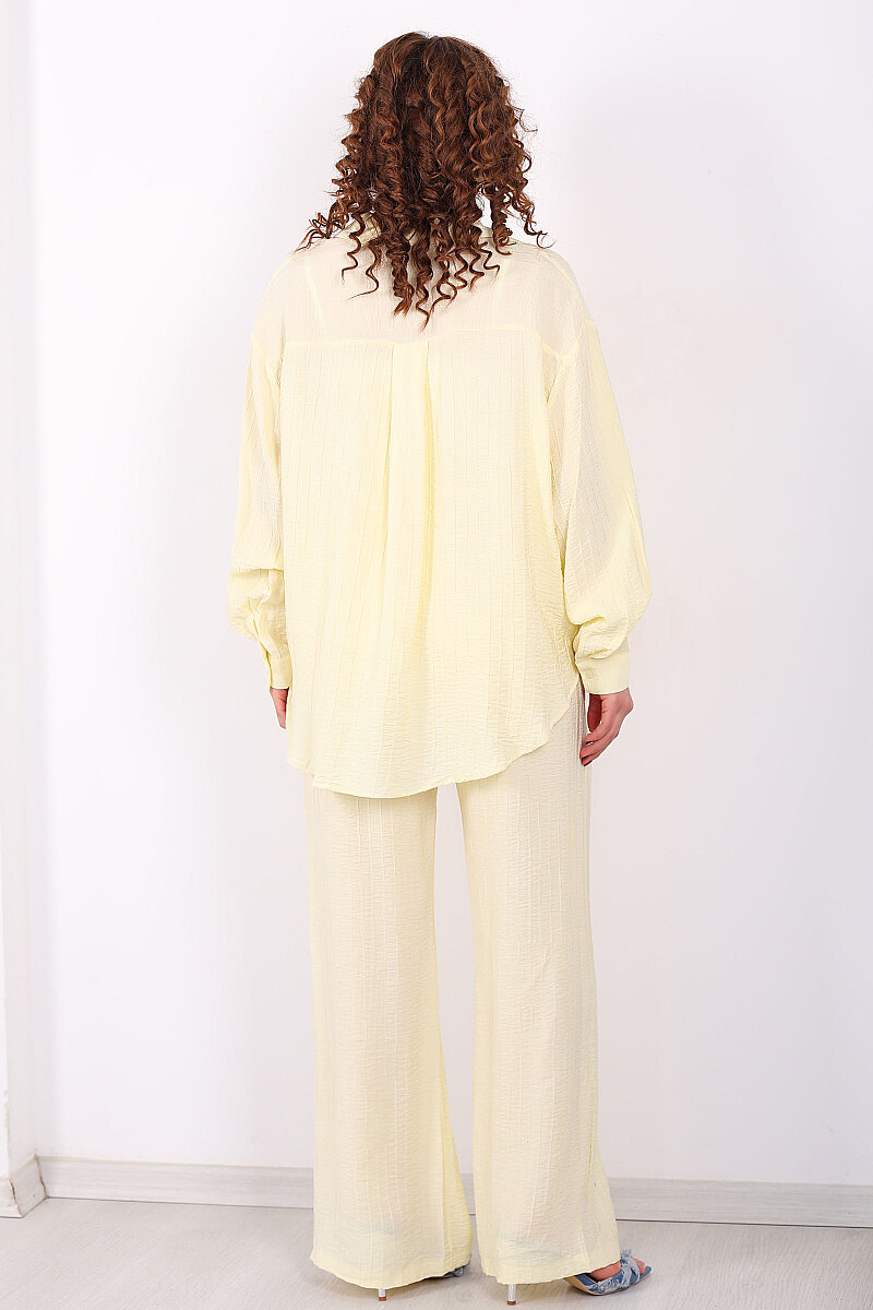 Beli Bağlamalı İnce Çizgili Kadın Sarı Bol Paça Pantolon - 4
