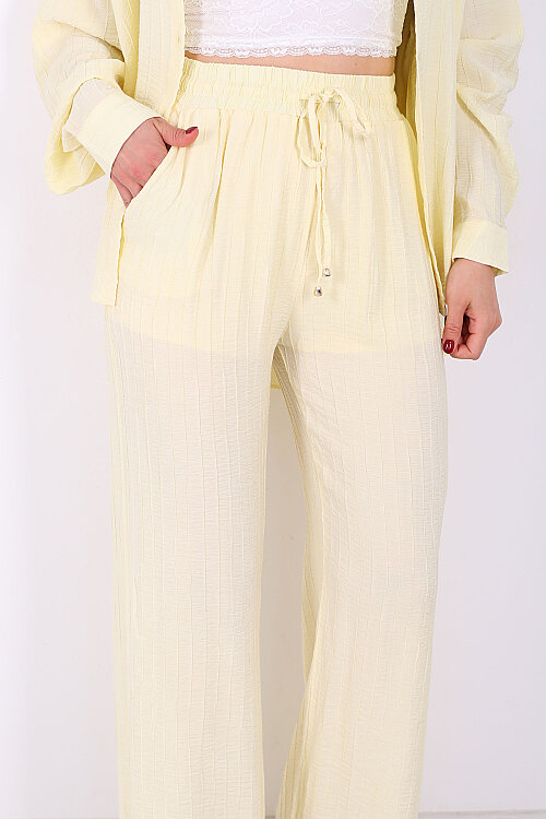 Beli Bağlamalı İnce Çizgili Kadın Sarı Bol Paça Pantolon - 2