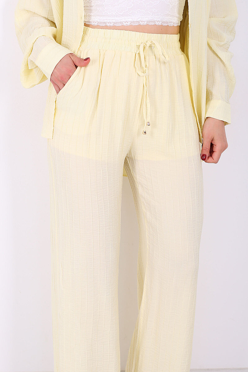 Beli Bağlamalı İnce Çizgili Kadın Sarı Bol Paça Pantolon - 2