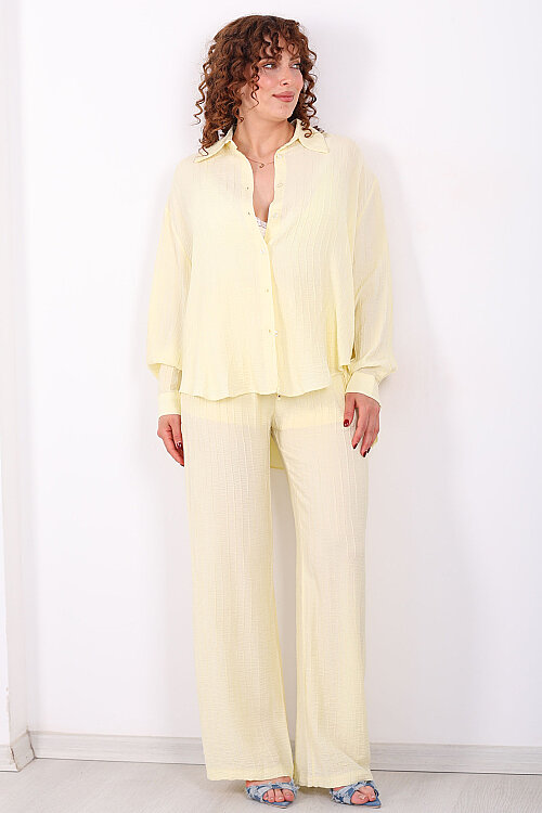 Beli Bağlamalı İnce Çizgili Kadın Sarı Bol Paça Pantolon - 3