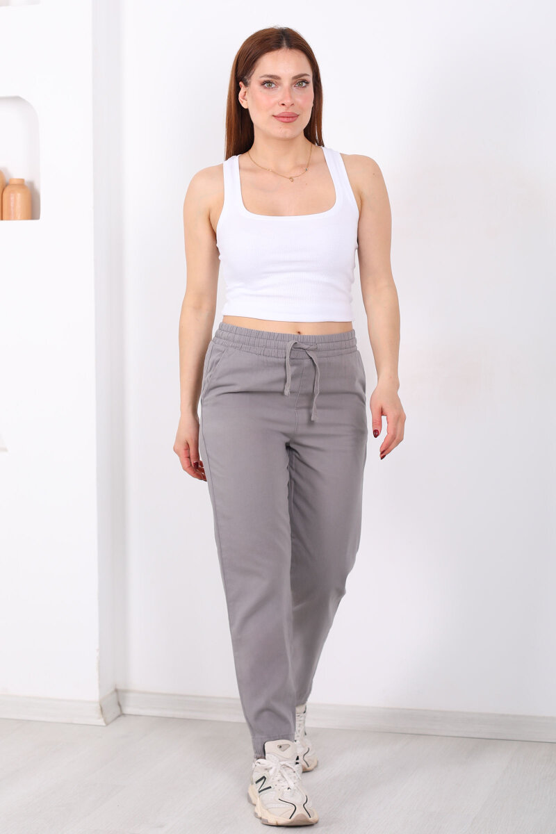 Beli Bağlamalı Paçası Püsküllü Kadın Antrasit Havuç Keten Pantolon - 6