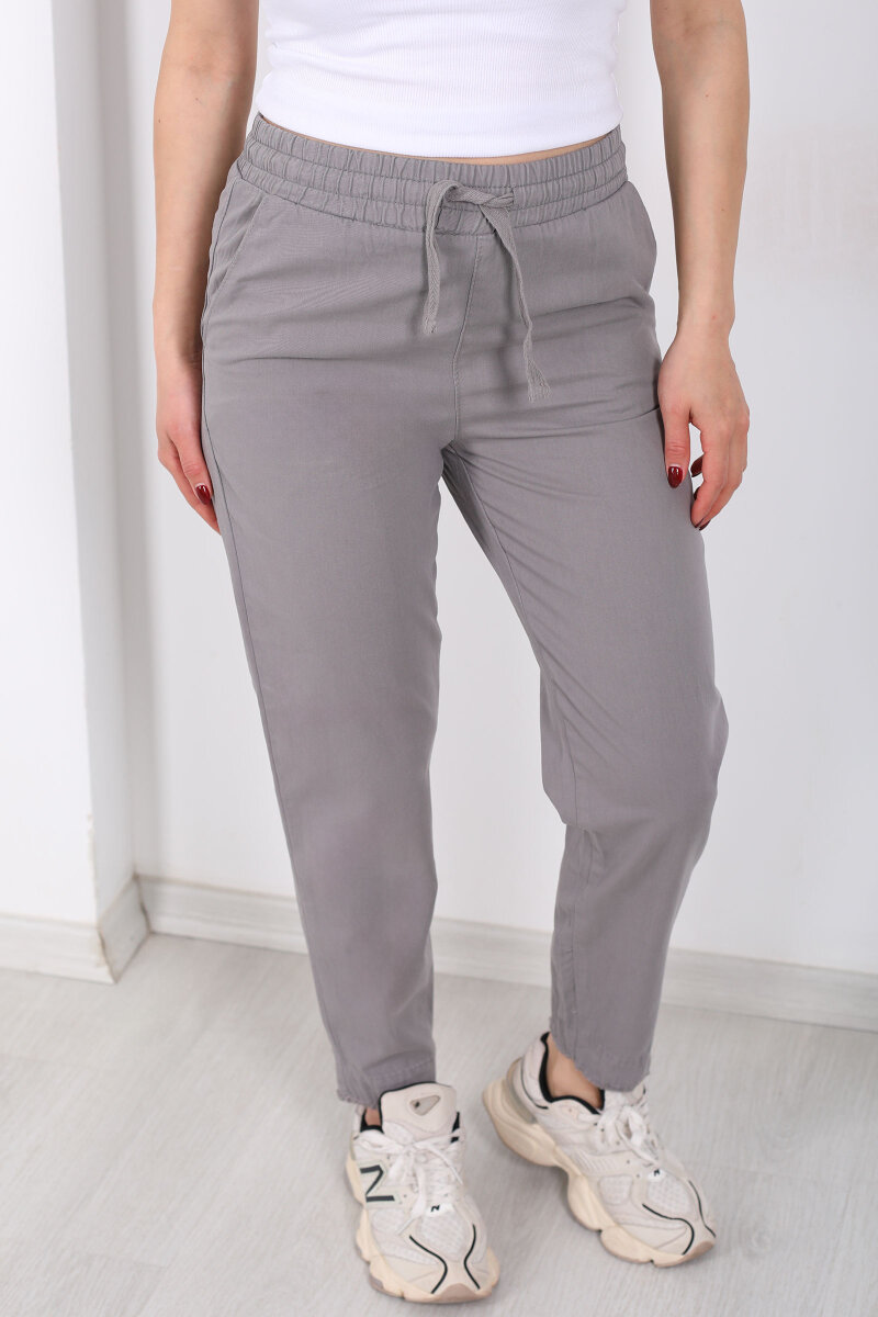 Beli Bağlamalı Paçası Püsküllü Kadın Antrasit Havuç Keten Pantolon - 2