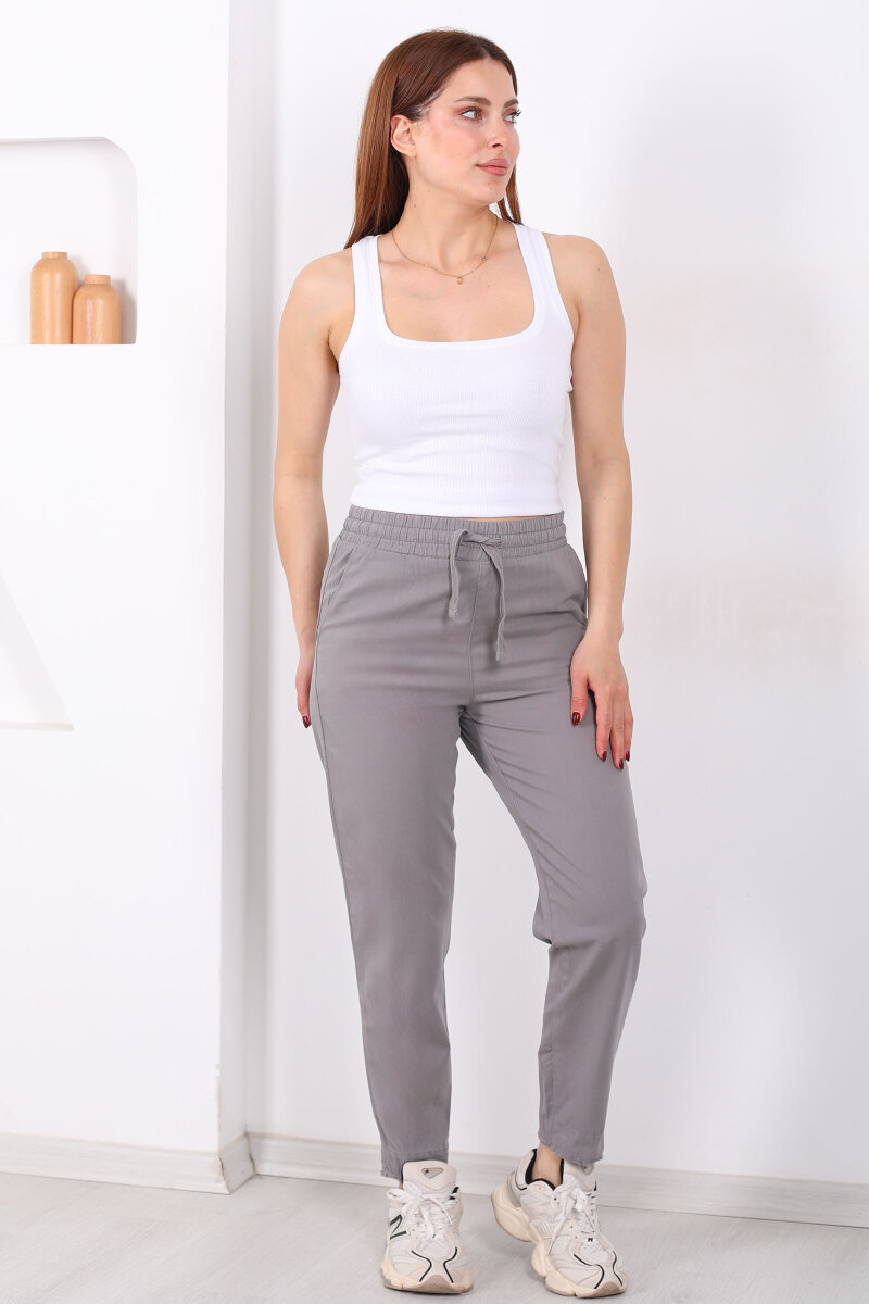 Beli Bağlamalı Paçası Püsküllü Kadın Antrasit Havuç Keten Pantolon - 4