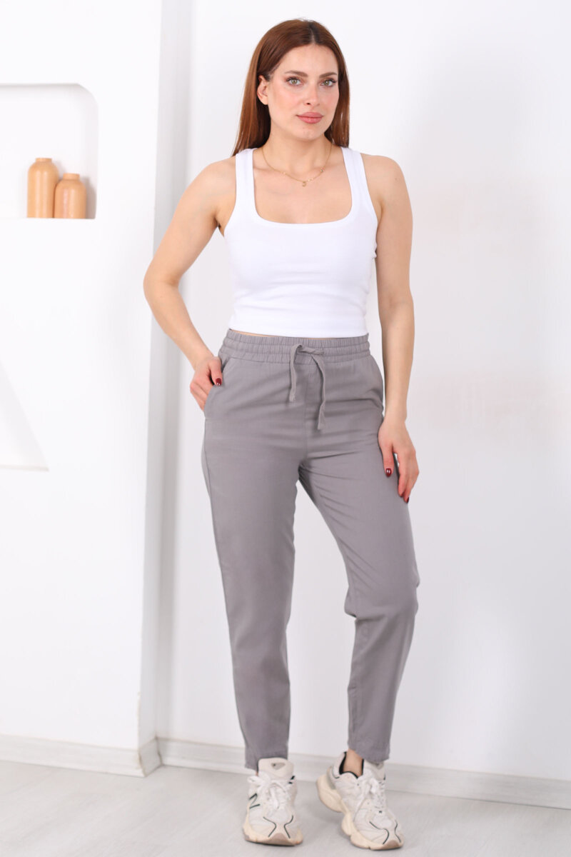 Beli Bağlamalı Paçası Püsküllü Kadın Antrasit Havuç Keten Pantolon - 3