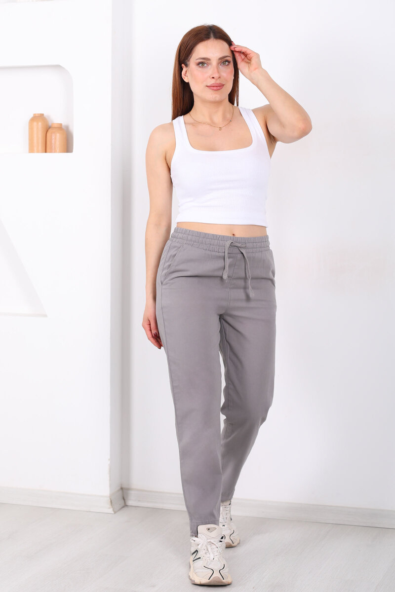 Beli Bağlamalı Paçası Püsküllü Kadın Antrasit Havuç Keten Pantolon - 1