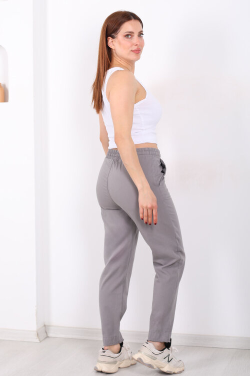 Beli Bağlamalı Paçası Püsküllü Kadın Antrasit Havuç Keten Pantolon - 5