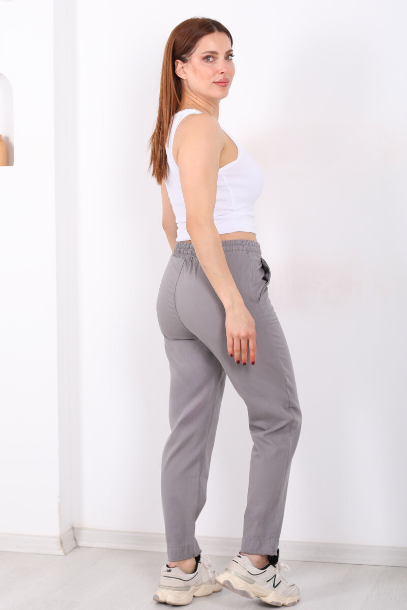 Beli Bağlamalı Paçası Püsküllü Kadın Antrasit Havuç Keten Pantolon - 5