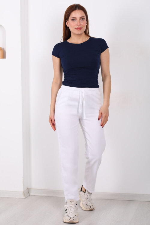 Beli Bağlamalı Paçası Püsküllü Kadın Beyaz Havuç Keten Pantolon - 6