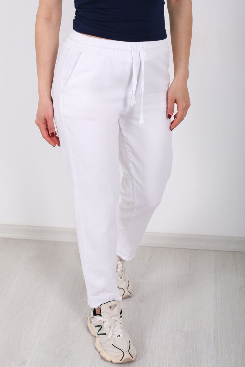 Beli Bağlamalı Paçası Püsküllü Kadın Beyaz Havuç Keten Pantolon - Berox (1)