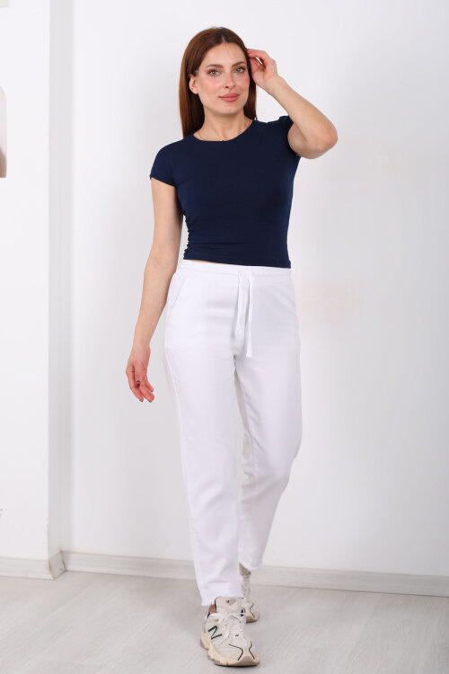 Beli Bağlamalı Paçası Püsküllü Kadın Beyaz Havuç Keten Pantolon - Berox