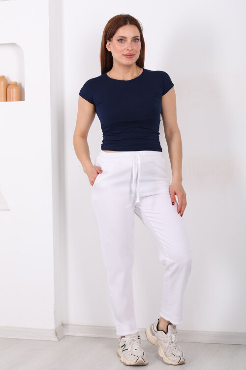 Beli Bağlamalı Paçası Püsküllü Kadın Beyaz Havuç Keten Pantolon - 3