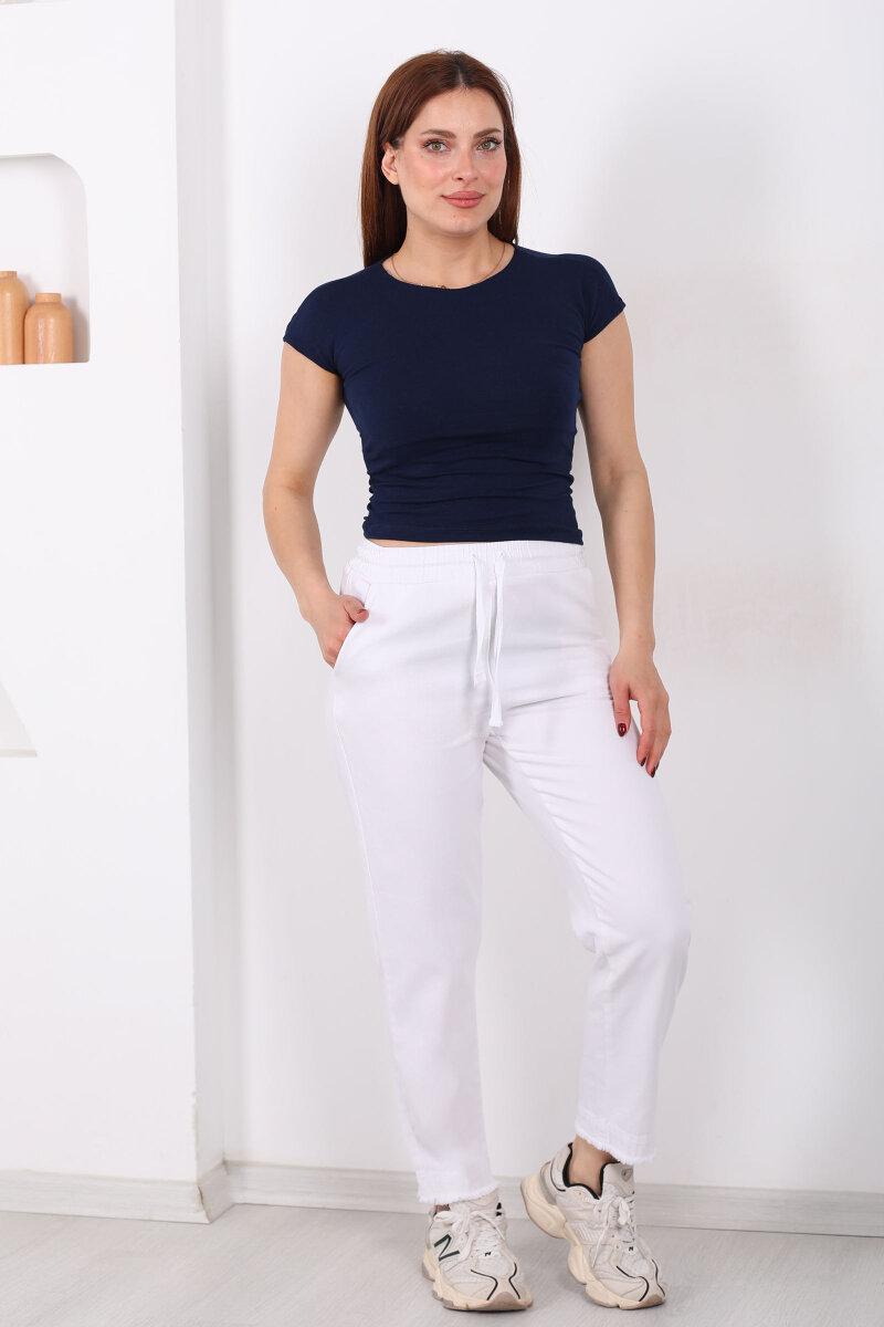 Beli Bağlamalı Paçası Püsküllü Kadın Beyaz Havuç Keten Pantolon - 3