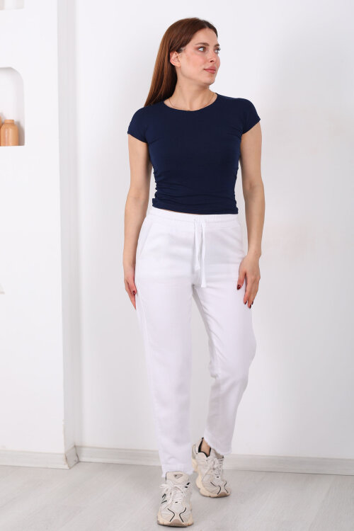 Beli Bağlamalı Paçası Püsküllü Kadın Beyaz Havuç Keten Pantolon - 4