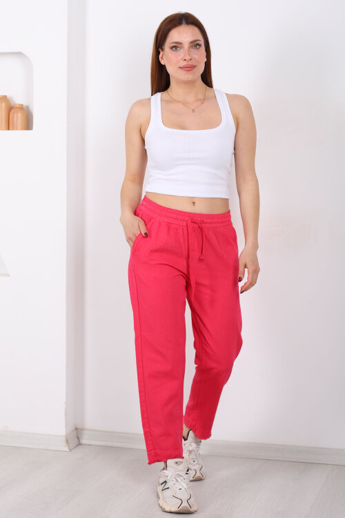 Beli Bağlamalı Paçası Püsküllü Kadın Fuşya Havuç Keten Pantolon - 3