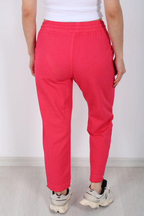 Beli Bağlamalı Paçası Püsküllü Kadın Fuşya Havuç Keten Pantolon - 4