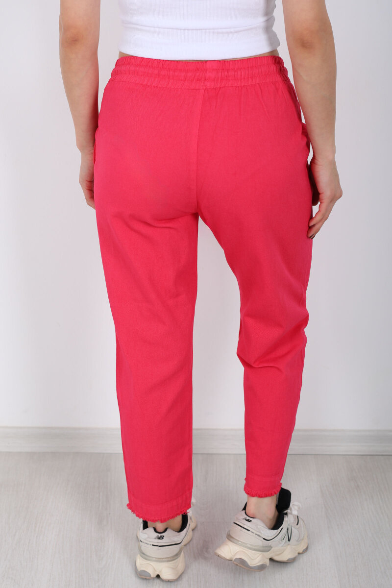 Beli Bağlamalı Paçası Püsküllü Kadın Fuşya Havuç Keten Pantolon - 4