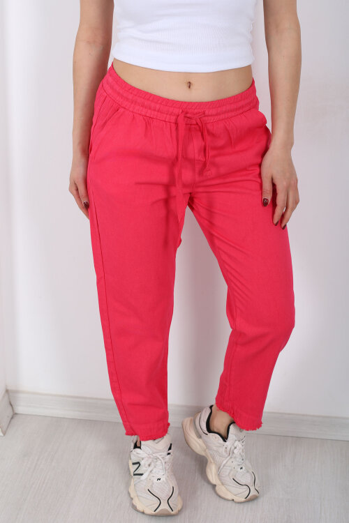 Beli Bağlamalı Paçası Püsküllü Kadın Fuşya Havuç Keten Pantolon - Berox (1)