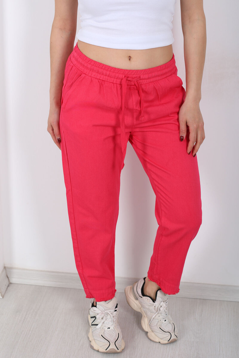 Beli Bağlamalı Paçası Püsküllü Kadın Fuşya Havuç Keten Pantolon - 2