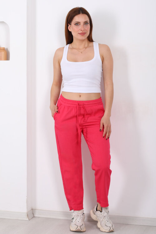 Beli Bağlamalı Paçası Püsküllü Kadın Fuşya Havuç Keten Pantolon - 5