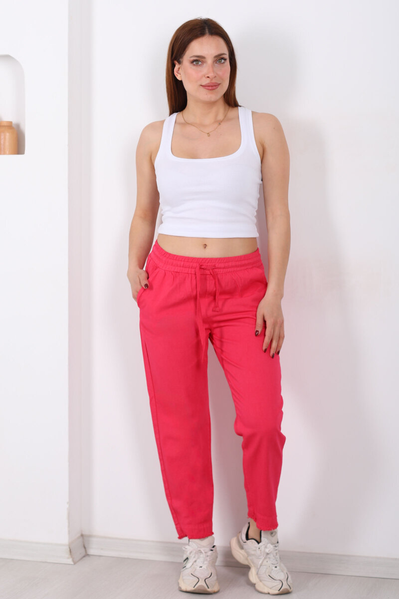 Beli Bağlamalı Paçası Püsküllü Kadın Fuşya Havuç Keten Pantolon - 5