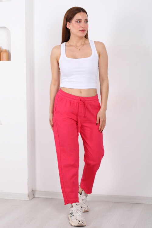 Beli Bağlamalı Paçası Püsküllü Kadın Fuşya Havuç Keten Pantolon - Berox