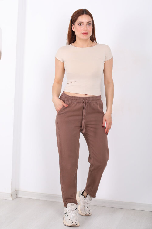 Beli Bağlamalı Paçası Püsküllü Kadın Kahverengi Havuç Keten Pantolon - 3