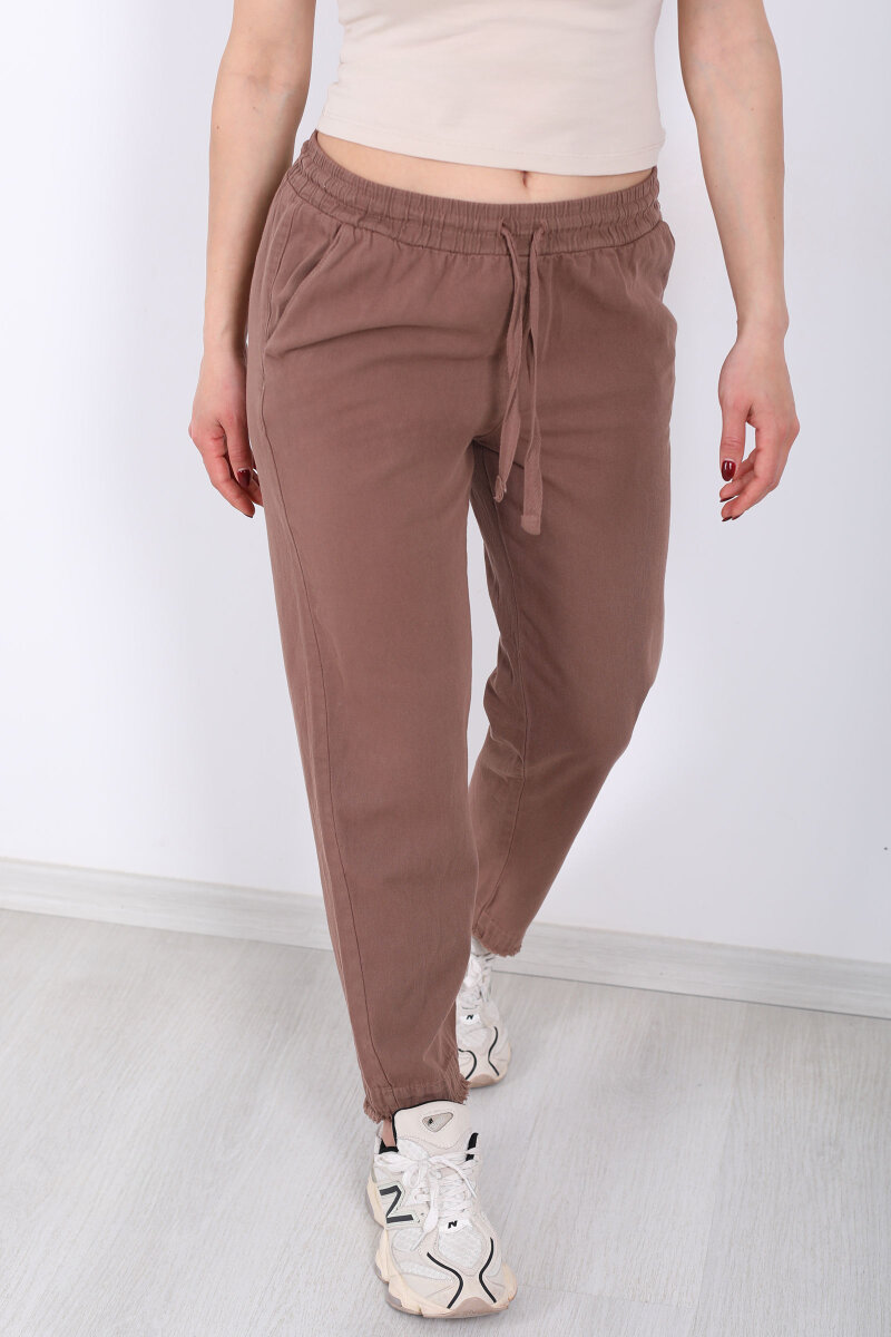 Beli Bağlamalı Paçası Püsküllü Kadın Kahverengi Havuç Keten Pantolon - 2