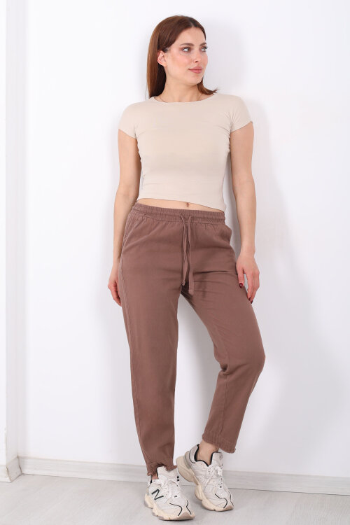 Beli Bağlamalı Paçası Püsküllü Kadın Kahverengi Havuç Keten Pantolon - Berox