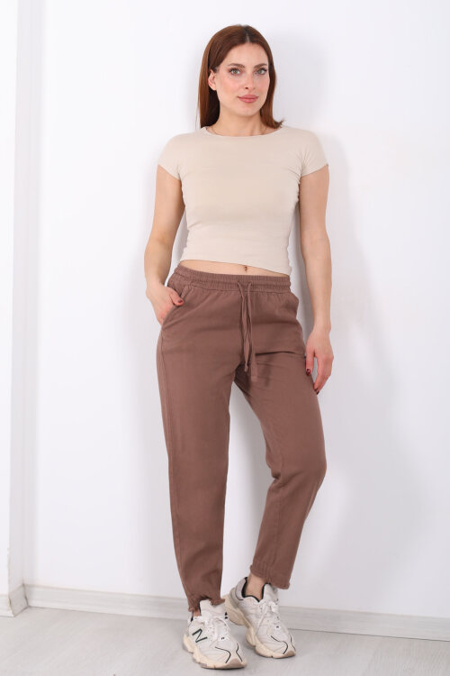 Beli Bağlamalı Paçası Püsküllü Kadın Kahverengi Havuç Keten Pantolon - 6