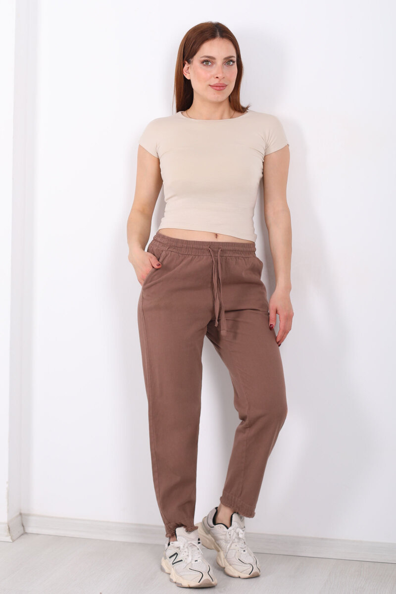 Beli Bağlamalı Paçası Püsküllü Kadın Kahverengi Havuç Keten Pantolon - 6