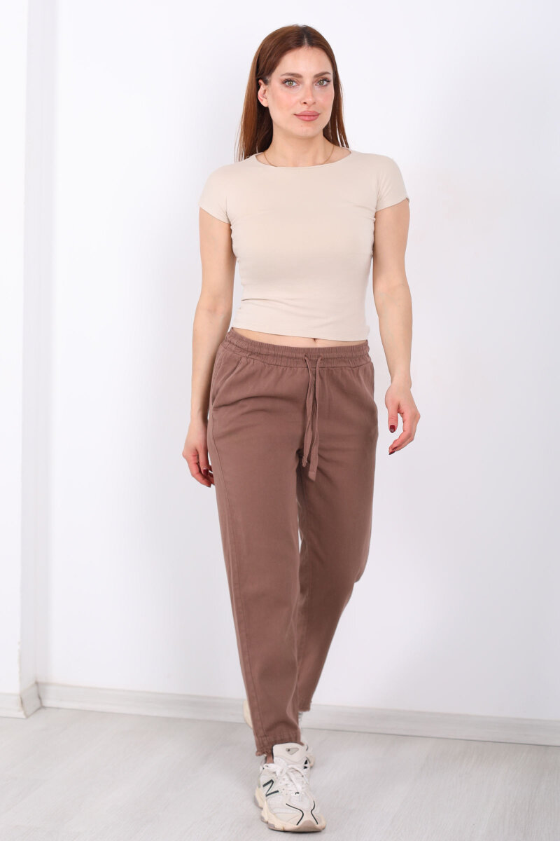 Beli Bağlamalı Paçası Püsküllü Kadın Kahverengi Havuç Keten Pantolon - 4