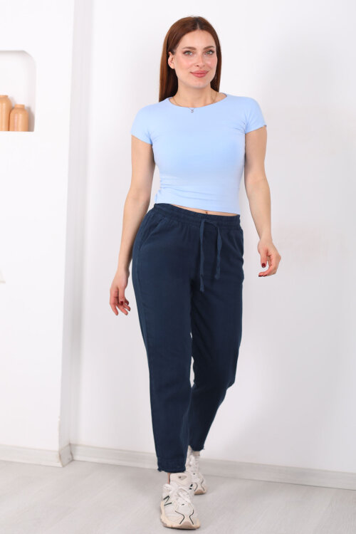 Beli Bağlamalı Paçası Püsküllü Kadın Lacivert Havuç Keten Pantolon - 3