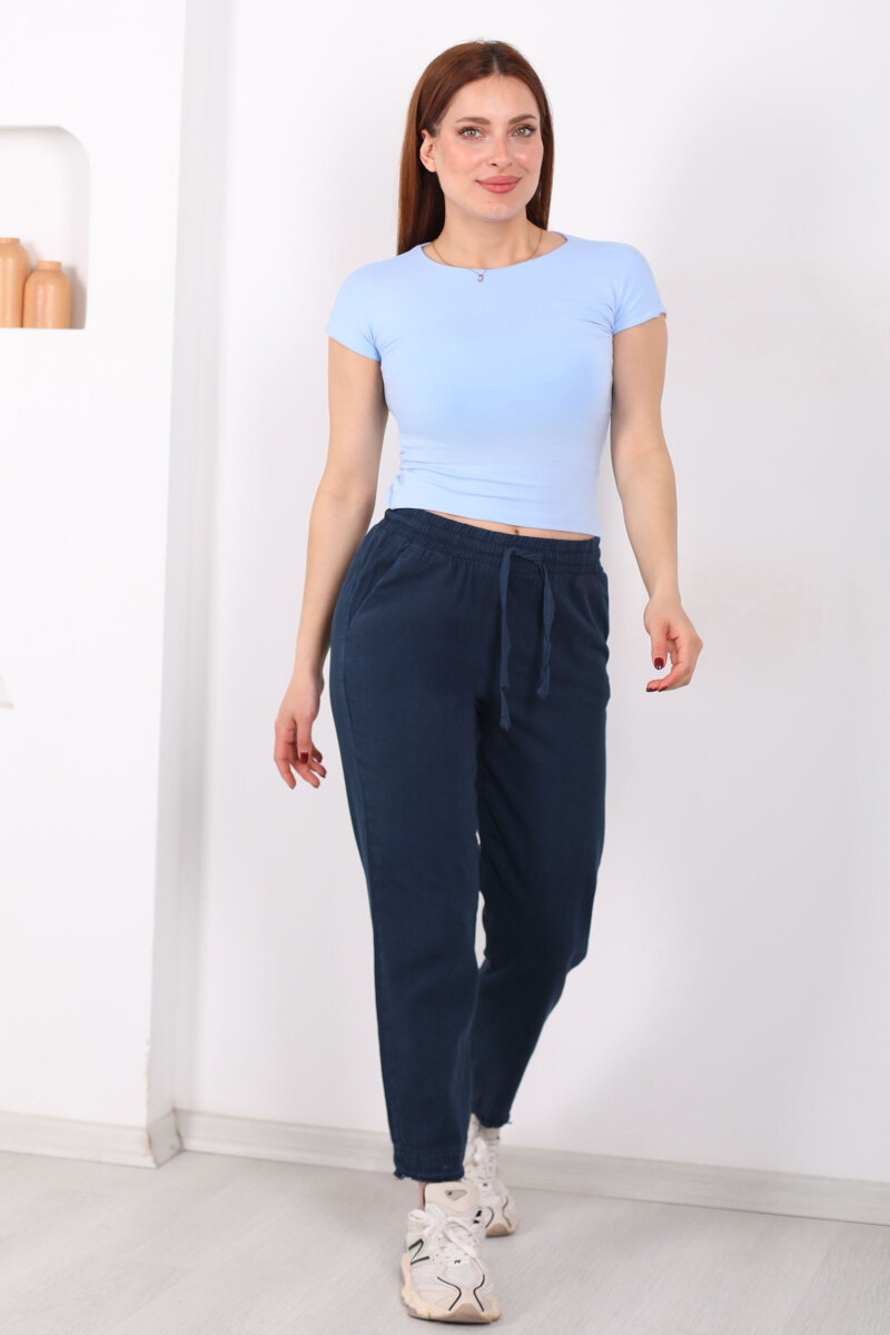 Beli Bağlamalı Paçası Püsküllü Kadın Lacivert Havuç Keten Pantolon - 3