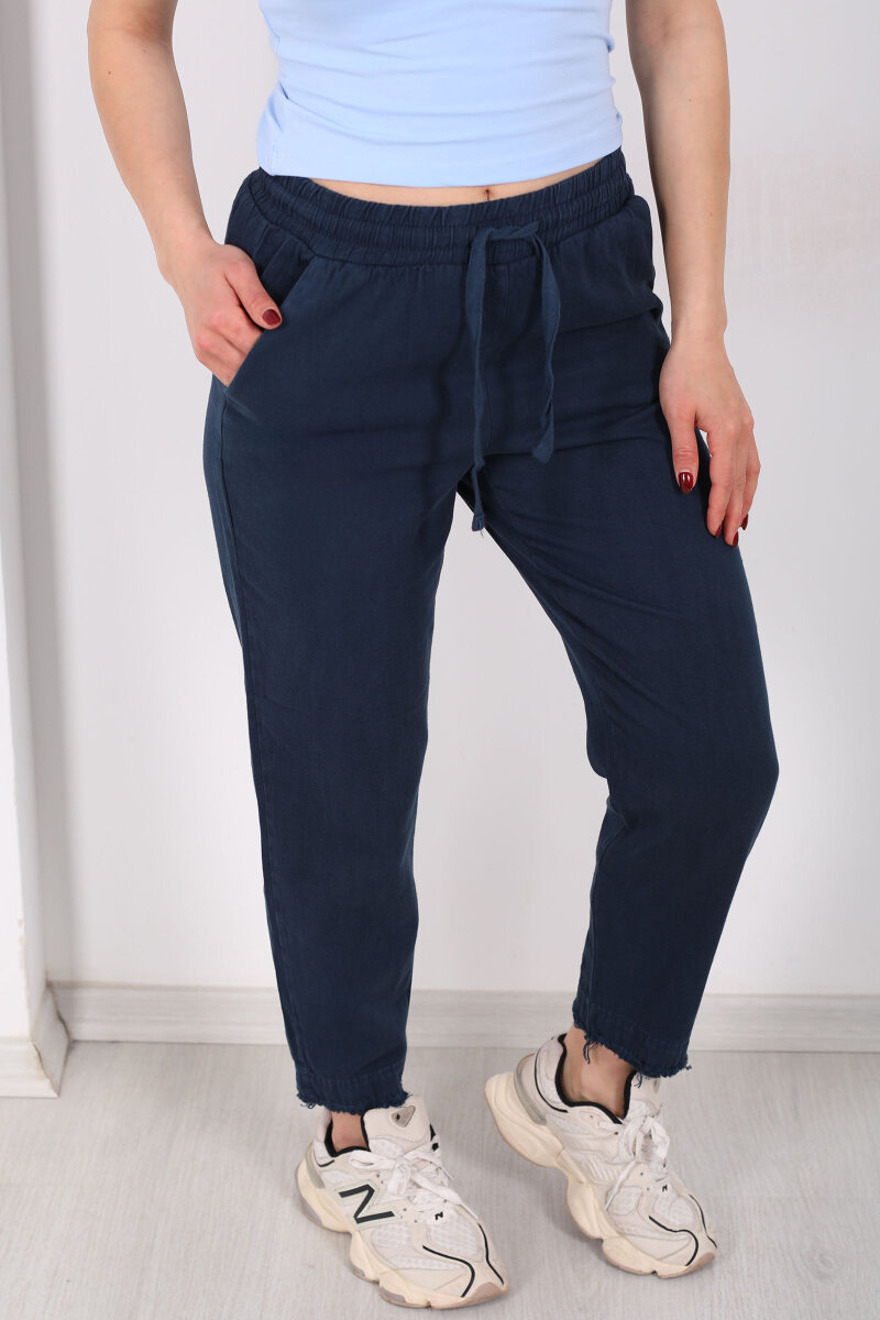 Beli Bağlamalı Paçası Püsküllü Kadın Lacivert Havuç Keten Pantolon - 2