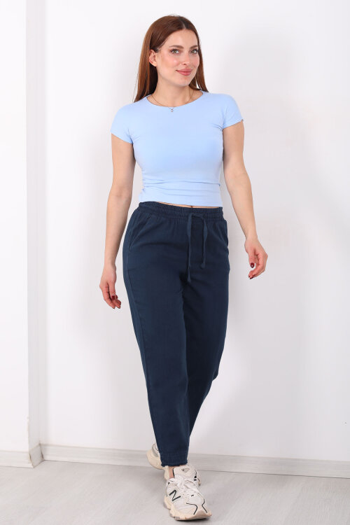 Beli Bağlamalı Paçası Püsküllü Kadın Lacivert Havuç Keten Pantolon - 6