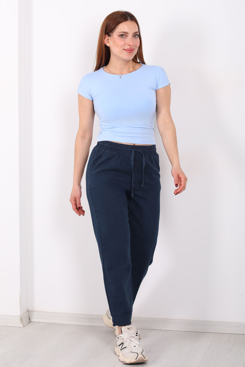 Beli Bağlamalı Paçası Püsküllü Kadın Lacivert Havuç Keten Pantolon - 6