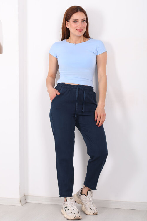 Beli Bağlamalı Paçası Püsküllü Kadın Lacivert Havuç Keten Pantolon - Berox