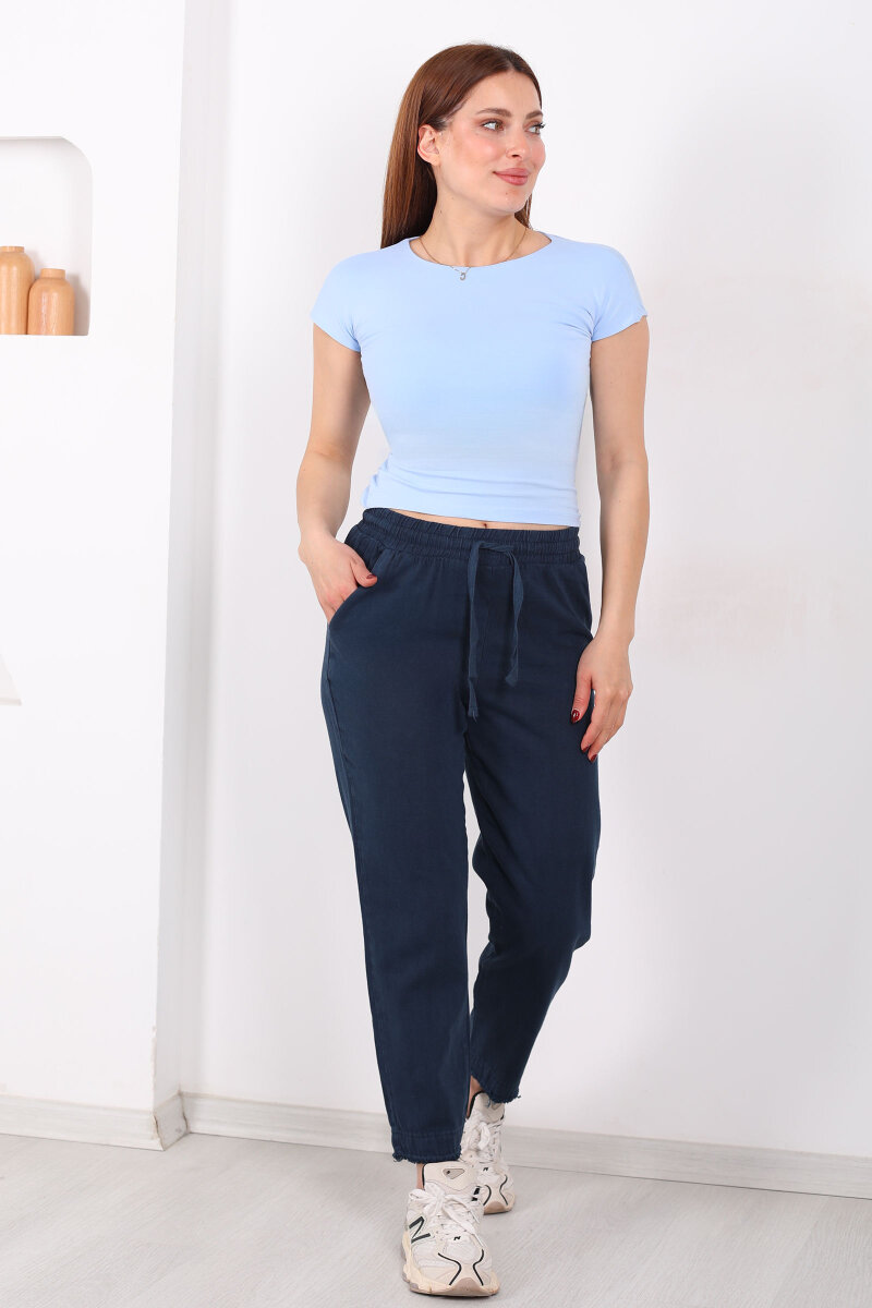 Beli Bağlamalı Paçası Püsküllü Kadın Lacivert Havuç Keten Pantolon - 4